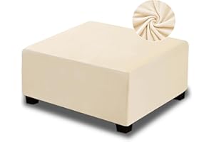 NeColorLife Velvet Ottoman Cover Square, Stretchable Footrest Stool Slipcover with Elastic Band for Rectangle and Square Storage Ottoman (Large, Cream (with Warm Undertones))