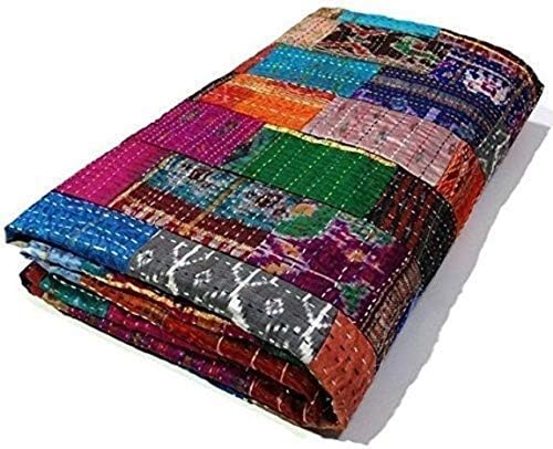STALLION COTTON CLOTHING Queen Size Patola Silk Patch Work Kantha Quilt, Kantha Blanket Bedspread, Patch Kantha Throw, King Kantha, Kantha Rallies Indian Sari Quilt, Size 90" X 108"
