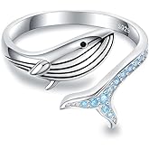 EJALEN 925 Sterling Silver Whale Ring with Blue Cubic Zirconia, Adjustable Size 6-9, White Gold Plated, Mother's Day Gift for Women Mother and Daughter