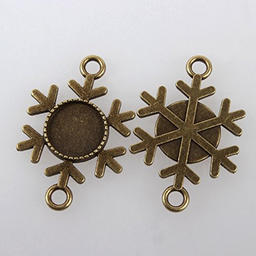 PEPPERLONELY 10PC Antique Bronze Flat Round Alloy Double Sided Snowflake Connector Cabochon Bezel Settings 35x23x3mm