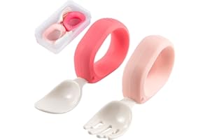 HIWOOD Baby Self Feeding Training Spoon and Fork Set with Travel Case, BPA-Free Cute Circle Toddler Training Utensils, Silicone/ABS Great Tableware Set Spoons Fork for Kids (Pink& Light Pink)