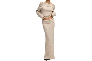Kwunbwa Skirt Sets Women 2 Piece Outfits Off Shoulder Long Sleeve Sweater Bodycon Maxi Skirt Fall Knit Sweater Set