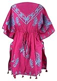 Peach Couture Summer Womens Boho Cotton Floral Embroidered Cover-up Beachwear Kaftan Tunic Fuchsia Blue