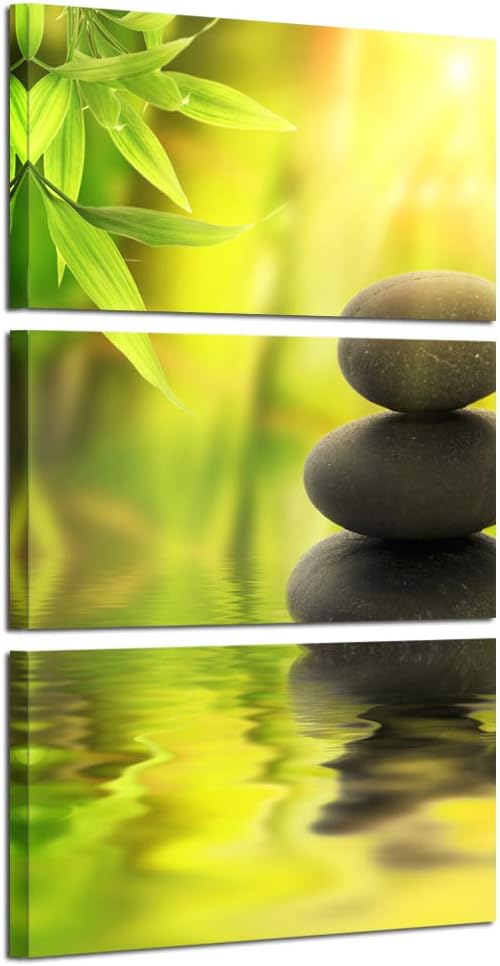 Kreative Arts - Zen Stone Canvas Wall Art Spa Still Life with Green Bamboo Painting Pictures in Garden 3 Panel Vertical Giclee Art Work Contemporary for Home Decoration 12x20inchx3pcs
