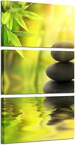 Kreative Arts - Zen Stone Canvas Wall Art Spa Still Life with Green Bamboo Painting Pictures in Garden 3 Panel Vertical Giclee Art Work Contemporary for Home Decoration 12x20inchx3pcs