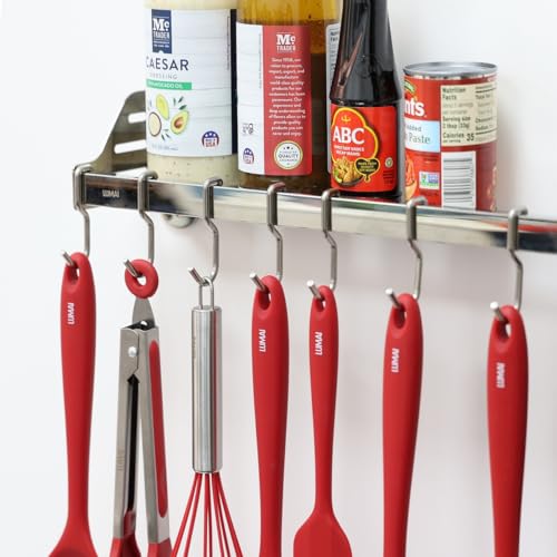 Lumai Suporte De Parede Cozinha com 10 Ganchos Móveis e Prateleira de Aço Inox 304 Para Pendurar Organizar Utensilios De Cozinha, Temperos, Facas e Panelas