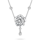 BHUBREA 1/14 Carat Diamond Rose Necklace for Women 925 Sterling Silver Rose Flower Pendant Necklaces 18K Gold Plated Fine Jewelry
