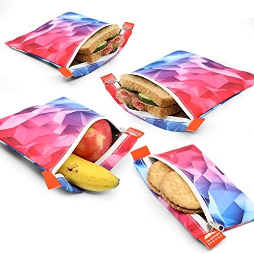Nordic By Nature 4 Pack - Reusable Sandwich Bags Dishwasher Safe BPA Free - Durable Washable Quick Dry Cloth Baggies -Reusable Snack Bags For kids school lunches - Extra Foil layer - (Pink & Blue)