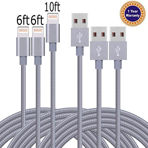 Jricoo 2PCS 6FT 1PCS 10FT Lightning Cable Popular Nylon Braided Charing Cable for iphone 7,7plus,iphone 6s, SE, 6s plus, 6plus, 6,5s 5c 5,iPad Mini, Air,iPad5,iPod.New Version(Gray)