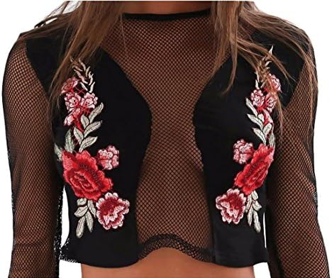 XTT Women's Rose Embroidery Patchwork Mesh Crop Blouse Top Black L