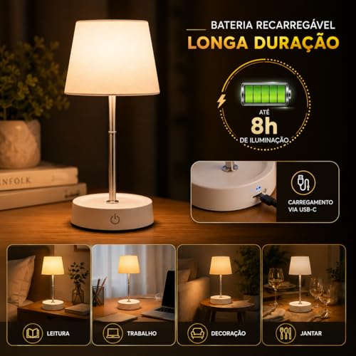 Luminária de Mesa LED Recarregável USB Touch 3 Níveis de Luz Dimerizável Sem Fio Abajur Portátil Retrátil para Quarto, Cabeceira, Estudo e Escritório