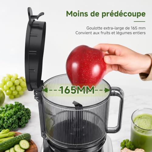 AAOBOSI Extracteur de Jus à Froid 2,5L, Goulotte Extra-Large de 165 mm | pour Fruits et Légumes Entiers, Filtre 3-en-1 (Jus, Sorbets et Boissons Végétales), Rendement Élevé en Jus, Facile à Nettoyer