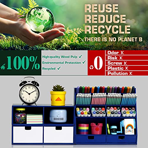 Desk Organizer and Accessories with 4 Drawers & 16 Compartments Twice Capacity - Art Supply Organizer for Home, School, Office Supplies, FSC Certified Cardboard, DIY Project, Easy Assembly, Blue