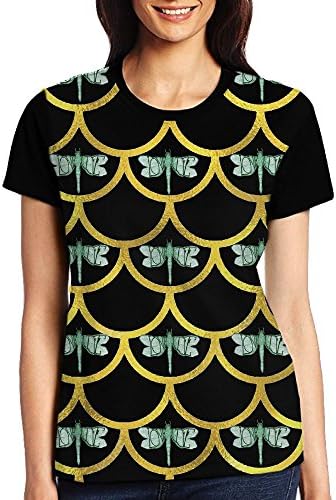Hokwhih Gold Mermaid Green Dragonfly Womens Fashion Classic Casual Short Sleeve Sports T-Shirt S