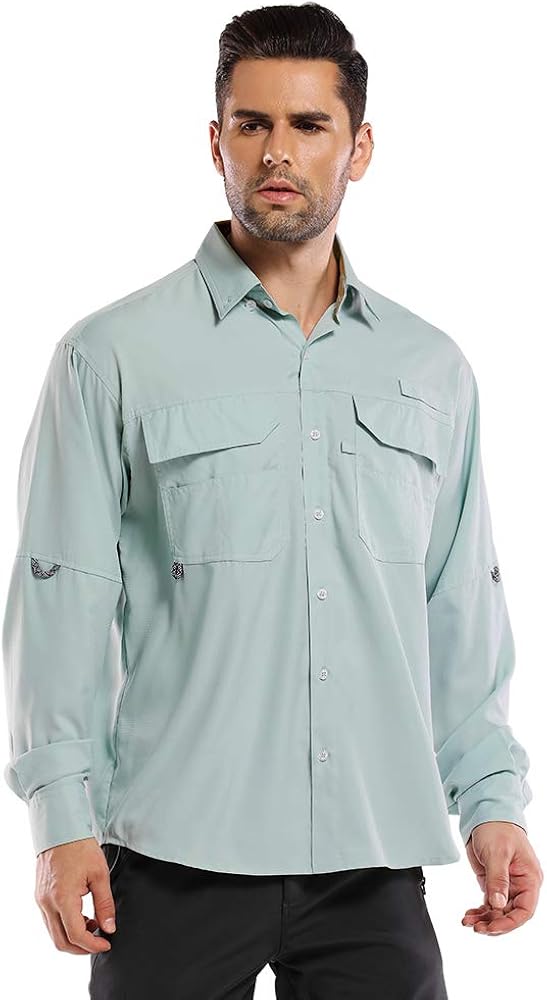 Men's UPF50+ Long Sleeve Shirt, Outdoor Sun Protection Dry Fit Cooling Hiking Fishing Shirts: Clothing