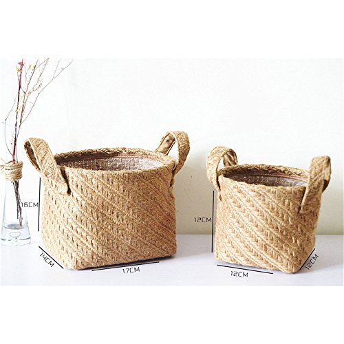 Storage Basket Flower Pot Blended Weaving Line Laundry Handmade Organizer Plant Box Garden Kids Toys Nursery Handle Bag by Xiaolanwelc (Weaving linen, L) - Thumbnail 3
