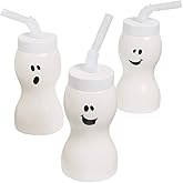 Fun Express Set of 12 Pieces Ghost Shape Cups with Straw for Halloween, Holds 8 oz, BPA Free Plastic, Kids Party Supplies, White