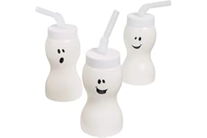 Fun Express Set of 12 Pieces Ghost Shape Cups with Straw for Halloween, Holds 8 oz, BPA Free Plastic, Kids Party Supplies, White
