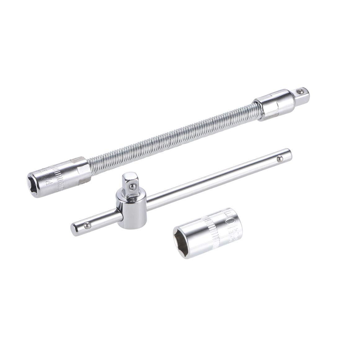 sourcing map Socket Accessory Set of 3 Pcs, 10mm 6-Point Shallow Socket 4.5" Sliding Wrench Breaker Bar 6" Flexible Extension Bar with 1/4" Drive