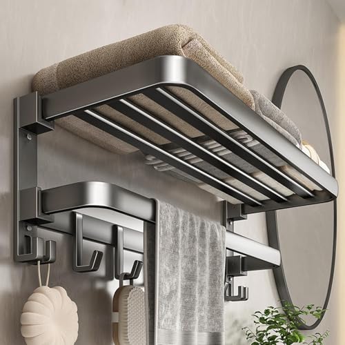 60 cm Wall Mounted Towel Rack for Bathroom, 24 Inch Foldable Matte Towel Shelf with Bar and Movable 9 Hooks, Space Aluminum Rustproof Towel Organizer for Bathroom, Shower, and Hotel Use