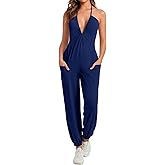 Cicy Bell Womens Sexy Halter Jumpsuits Casual Deep V Neck Beach Jogger Long Pants Rompers