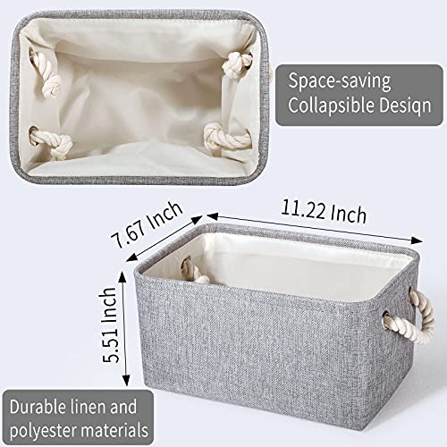 Hgeygyc Foldable Storage Baskets (6 Pack) with Rope Handles, Storage Bins ​for Organizing, Closet, Nursery, Toy, Blanket, Clothes, Grey, 11.22(L) x 7.67(W) x 5.51(H) Inch