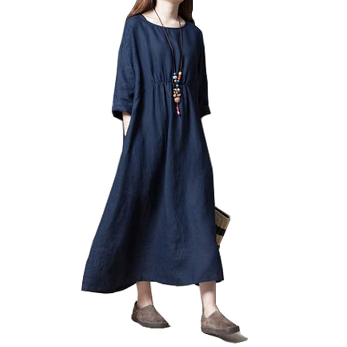 Amazon リネンワンピ レディース 無地 長袖 マキシワンピース 森