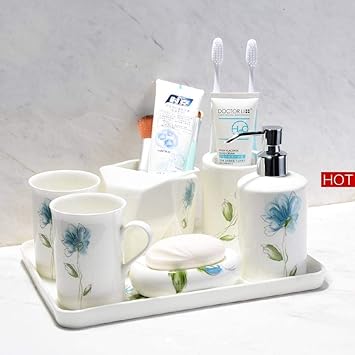 Amazon Com Vintage Ceramic Bathroom Accessories Sets Bathroom Vanity Decor 7 Piece Applique Blue Flower White Contain Soap Dispenser 2 Pcs Washing Cup Storage Jar Vanity Tray Toothbrush Holder Soap Dish For Ho Furniture Decor