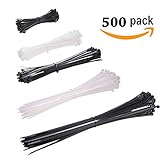 Zip Ties Heavy Duty Cable Ties 4+6+8+10+12 Inch Black & White 500pcs (Combo Pack) Self-Locking Nylon Plastic Ties