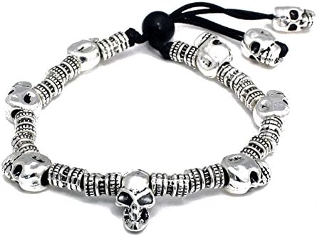 Perepaix RAVE Mens Multi Skull Silver Plated Alloy Beads Black Wax Cord Bracelet
