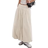 Sutusu Women Y2k Bubble Maxi Skirt Summer Elastic Low Waist A Line Long Skirt Casual Fairy Ruffle Pleated Midi Dress