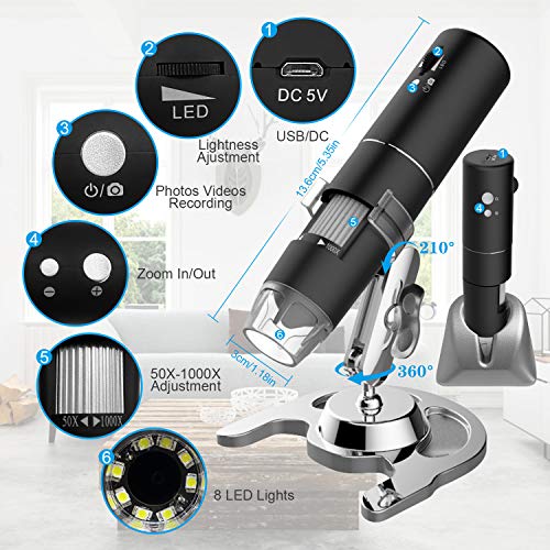 WiFi USB Mikroskop, Handgehalten Mikroskop mit 8 LEDs & Metallständer 50 to 1000X Vergrößerung Zoom Mini Endoskop kompatibel mit iPhone iPad Mac Windows Android für Kind Studenten Ingenieure