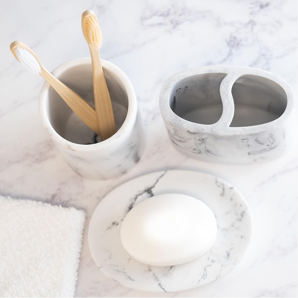 TRIXES Marble Effect Bathroom Accessory Set, 3 Pieces, Toothbrush Holder, Soap Dish and Storage Container