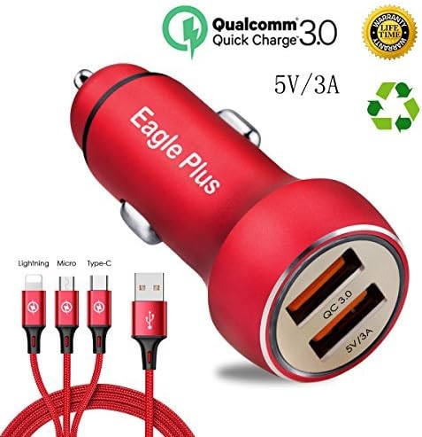 Quick Car Charger 3.0 5V 3A Dual USB Car Adapter with 2.4A 3-in-1 cable which power for Iphone X/8/7/6s/Plus.Ipad Pro/Air 2/Mini,Galaxy S7/S6/Eagle Plus, Note 5/4,LG,Nexus,HtC and Samsung.
