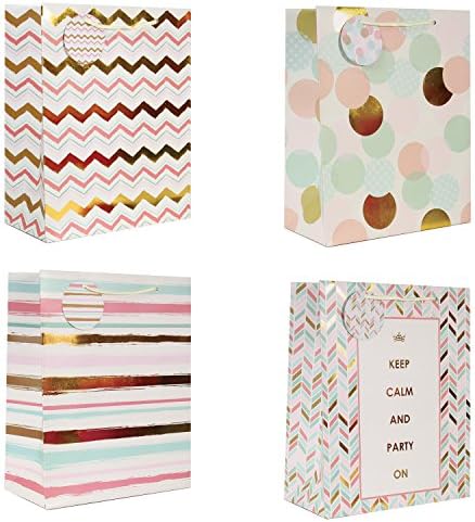 Medium Multi-Designed Pastel Pink, Teal, &amp; Gold Gift Bags - 4 Pack, 13" x 10.5" x 5"