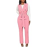 Womens 2 Piece Blazer Pants Set 2025 Trendy V Neck Sleeveless Belted Vest Straight Long Pants Business Suit Sets