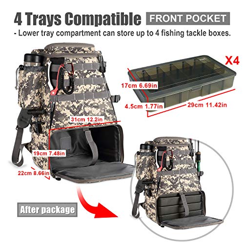 Rodeel Fishing Tackle Backpack with 4 Tackle Tray, 6 Fishing Rod Holders, Large Storage, Water Resistant & Weatherproof Backpack for Trout Fishing Outdoor Sports Camping Hiking - Thumbnail 5