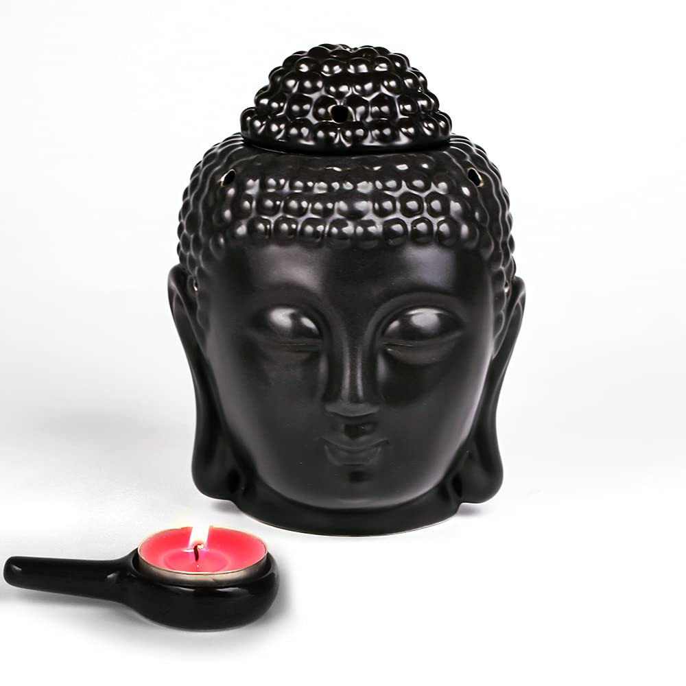 Set of 2 Buddha Head Statue Essential Furnace Oil Candle Burners Ceramic Aromatherapy Diffusers for Yoga Spa Pilates Meditation Room Home Decor Gift (Black)