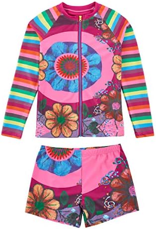 Girls Swimsuits Long Sleeve Swimming UV 50+ Sun Protection Two Piece Rash Guard Summmer Print Flower Sun Protection Suit