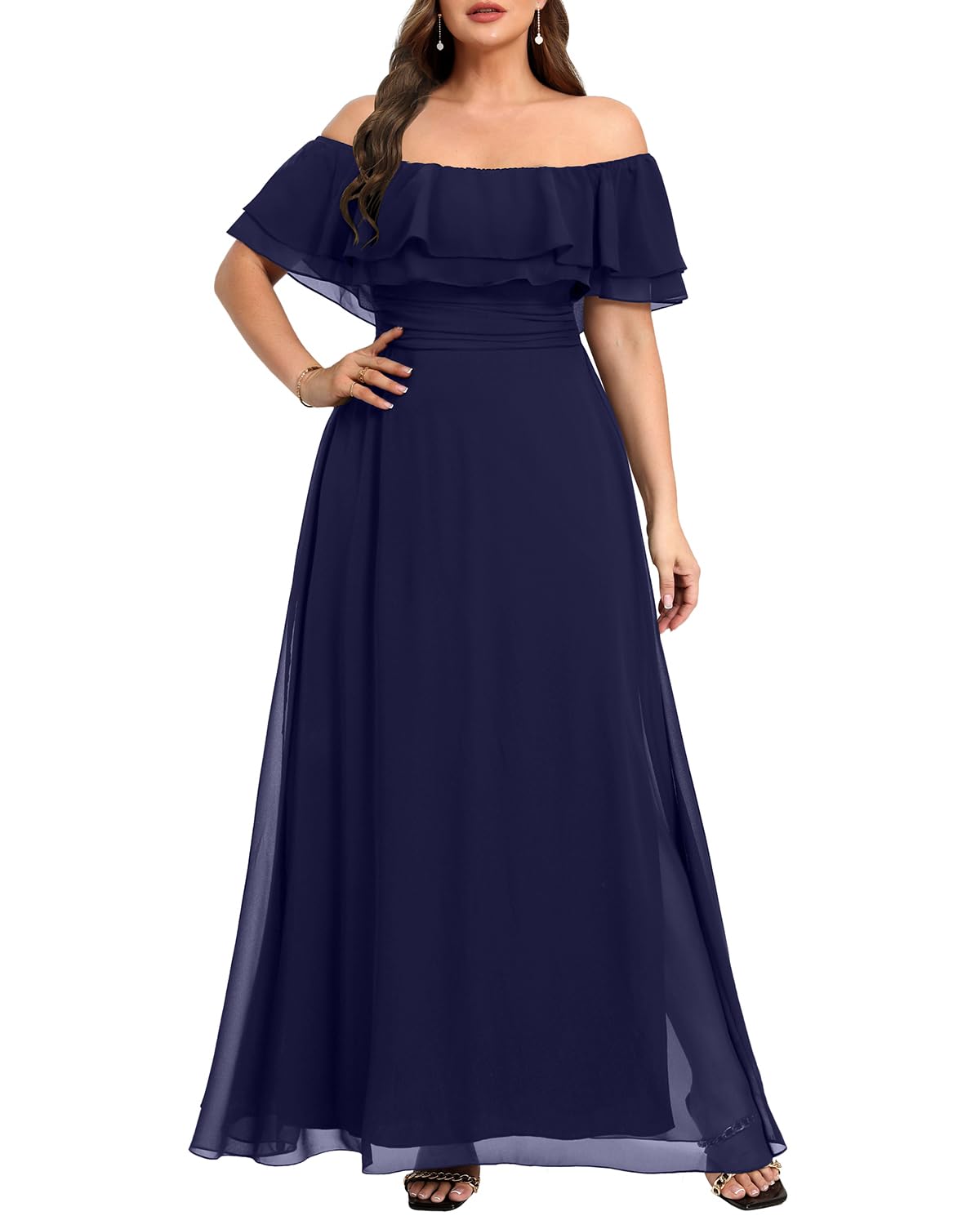 Photo 1 of Plus Size Formal Dresses Women Navy Blue Wedding Guest Maxi Long Bridesmaid Evening Off The Shoulder Chiffon Flowy Dress
