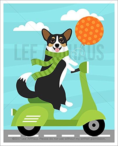 315D - Tricolor Corgi Riding Green Vespa UNFRAMED Wall Art Print by Lee ArtHaus
