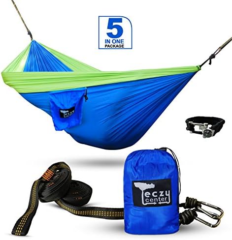 Double Camping Hammock By TeczyCenter - Heavy Duty Parachute Fabric – Long Tree Straps - 500lb Weight Capacity - Lightweight &amp; Portable - Ideal For Backpacking -BONUS: Survival Bracelet Included