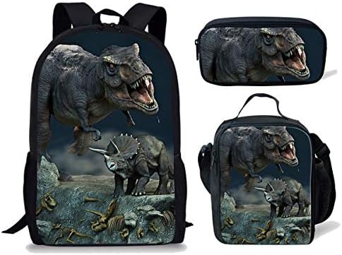 DeePrint 3 Piece Dinosaur Children School Backpack Set with Lunch Bags Pencil Case