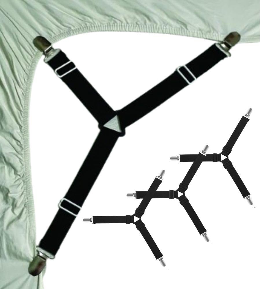 Galvog® Pack of 4 Bed Sheet Clips ǀ Fitted Sheet Straps Grippers Holders Keep Your Bed Sheet Stay in Place ǀ Elastic Adjustable Fitted Sheet Clips Suspenders Suitable for All Bedding