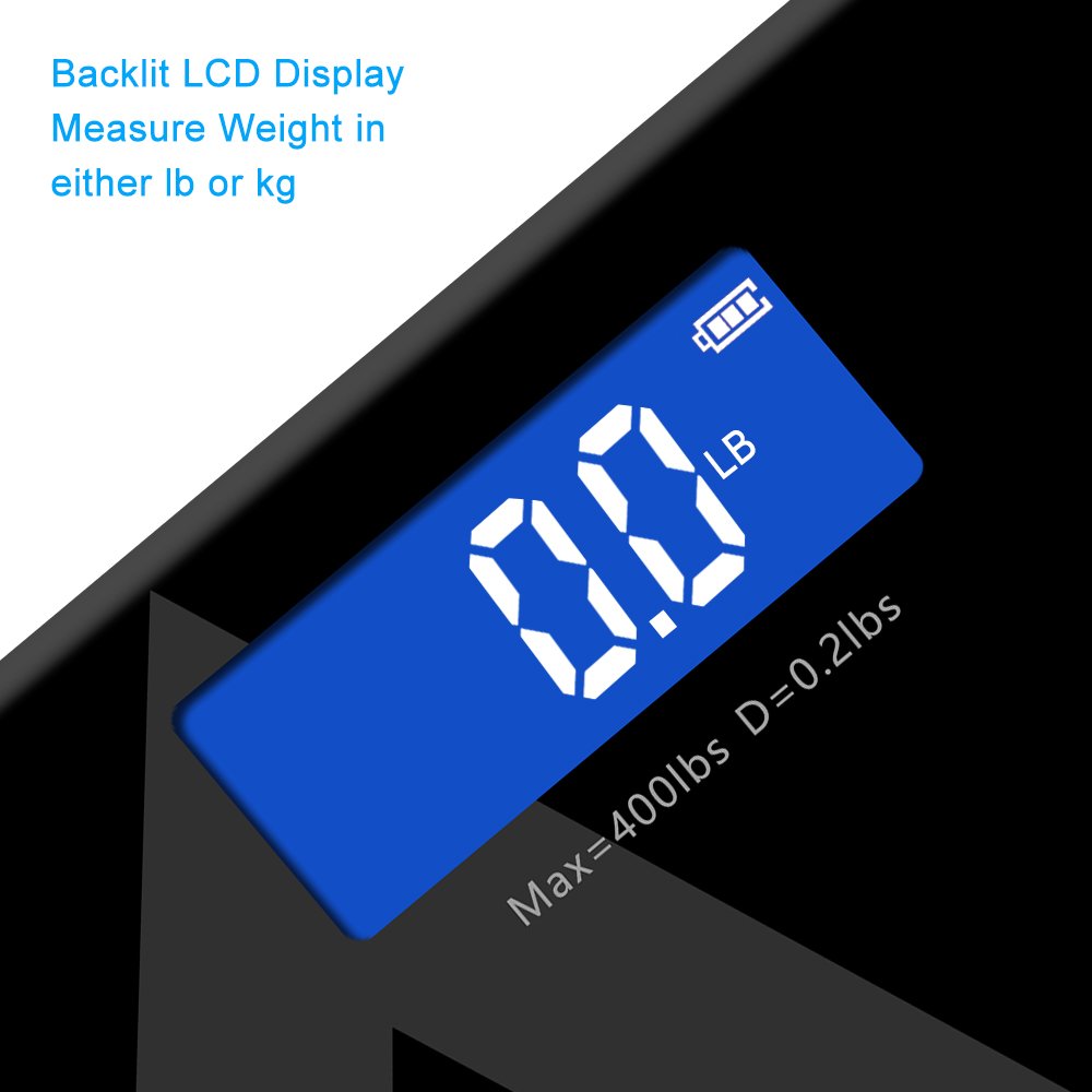 Hippih 400lb / 180kg Electronic Bathroom Scale with Tempered Right Angle Glass Balance Platform and Advanced Step-On Technology, Digital Weight Scale has Large Easy Read Backlit LCD Display D-015