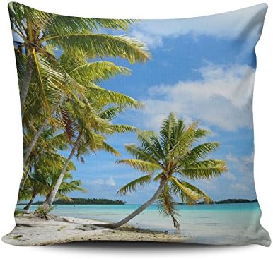ONGING Decorative Throw Pillow Case Green and Blue Tropical Palm Tree White Sand Beach Pillowcase Cushion Cover One Side Design Printed Square Size 20x20 Inch