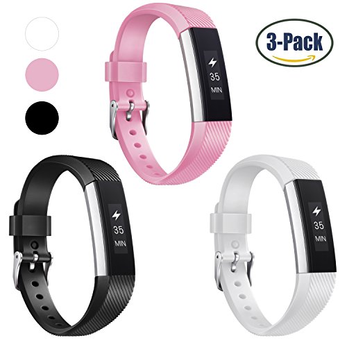 Fitbit Alta HR and Alta Bands, Konikit Soft Adjustable Replacement Band Accessory with Secure Watch Clasps for Fitbit Alta and Alta HR, Pack of 3 (Black+White+Pink)