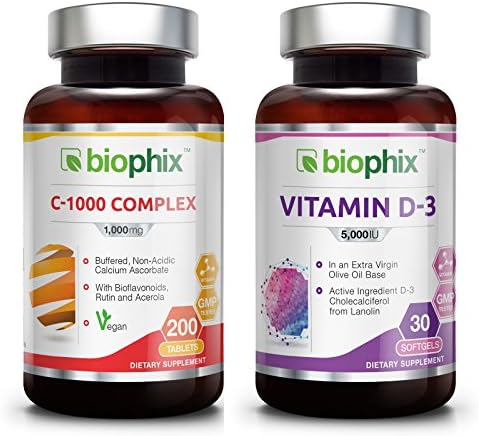 Vitamin C 1000 mg 200 Tabs Complex - Free Vitamin D3 30 Softgels - Vegan | Immune Health Support | with Bioflavonoids | Rutin | Acerola