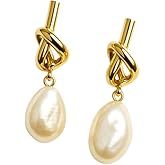 14K Gold Plated Knot Pearl Drop Earrings for Women Elegant Baroque Freshwater Pearl Design Dangle Earrings, Minimalist Gold Twist Design, Lightweight Statement Jewelry for Long Wear, Dainty Chic Classy and Classic