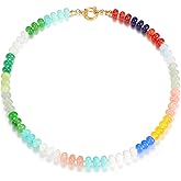 Beaded Gemstone Necklace for Women, Colorful Boho Bead Choker Necklace Natural Stone Freshwater Pearl Surfer Beach Necklace 14K Gold Plated Summer Handmade Jewelry Gifts